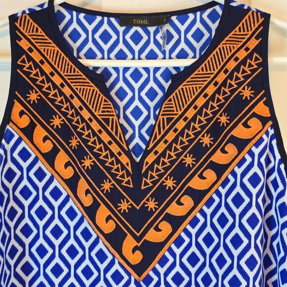 THML‎ Blouse Womens Size Small Orange Blue Geometric Sleeveless Vneck Bold Print - Picture 3 of 7